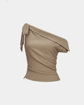 Tie-Up One Shoulder Asymmetric Ruched Sleeveless Cami Top in Brown