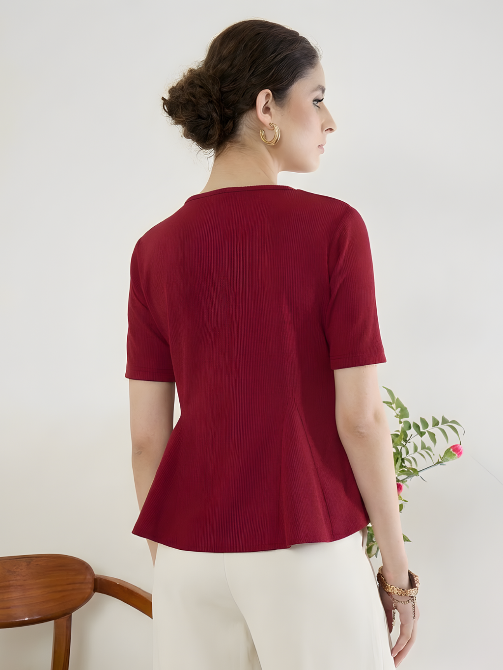 Stretchable Ribbed Flared Peplum Top