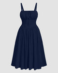 Navy Blue Ruched Bust Spaghetti Strap A-Line Midi Dress Curve & Plus