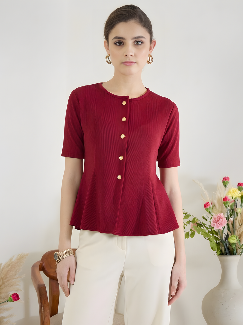 Stretchable Ribbed Flared Peplum Top - Pinkkup