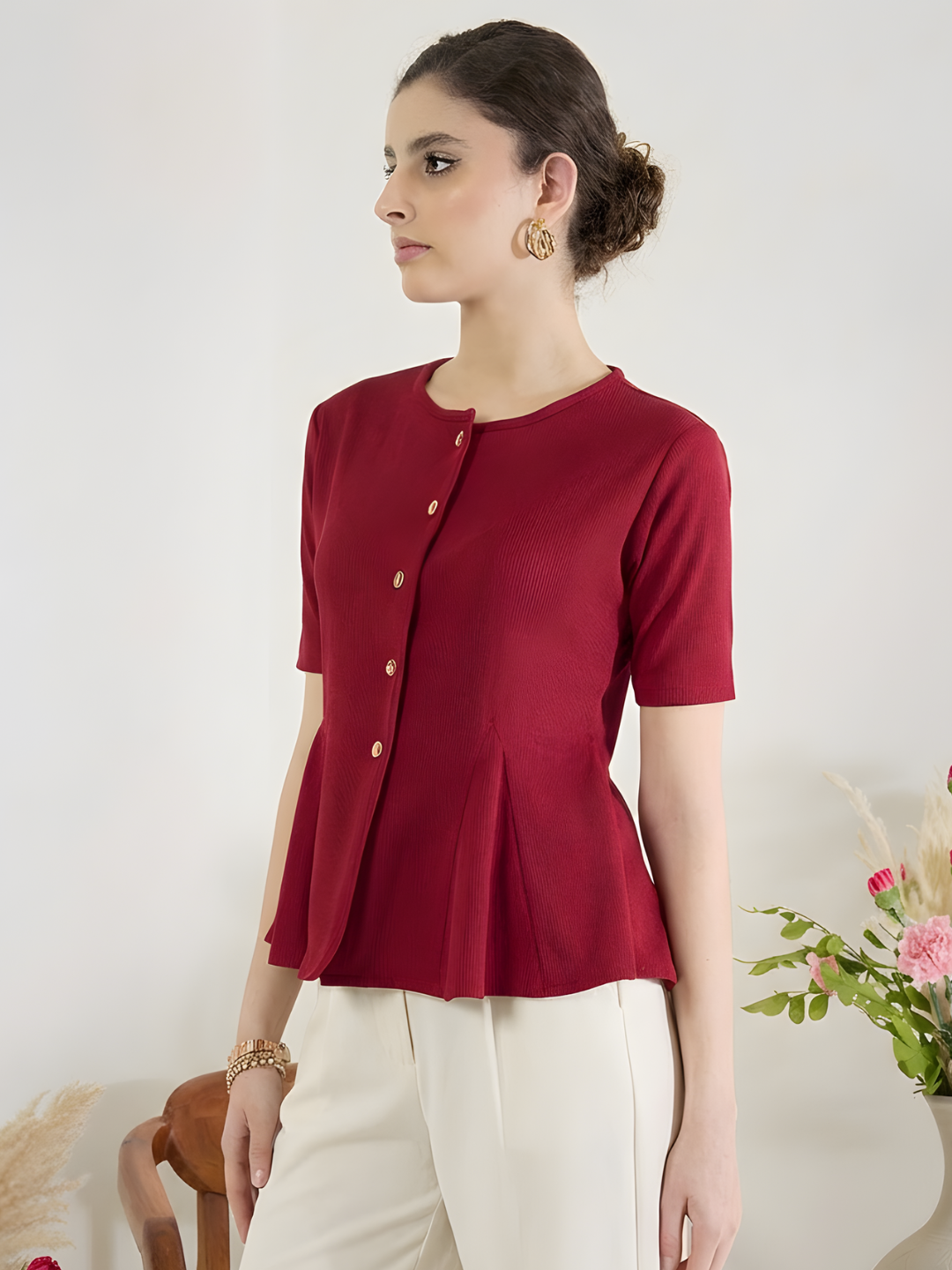 Stretchable Ribbed Flared Peplum Top