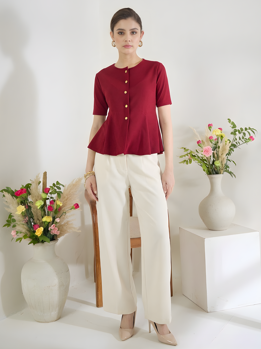 Stretchable Ribbed Flared Peplum Top