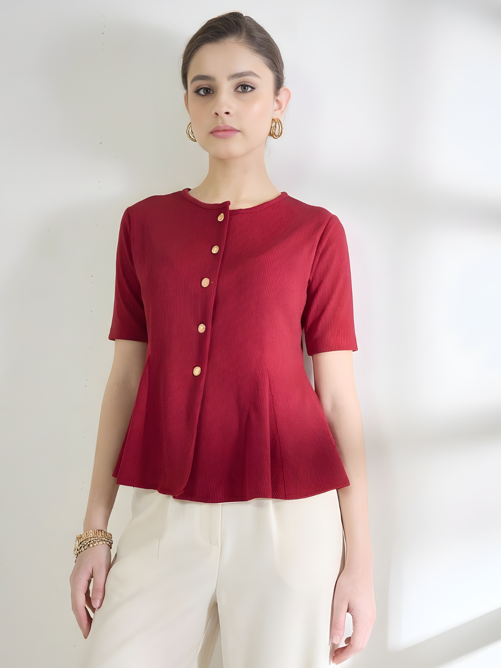 Stretchable Ribbed Flared Peplum Top