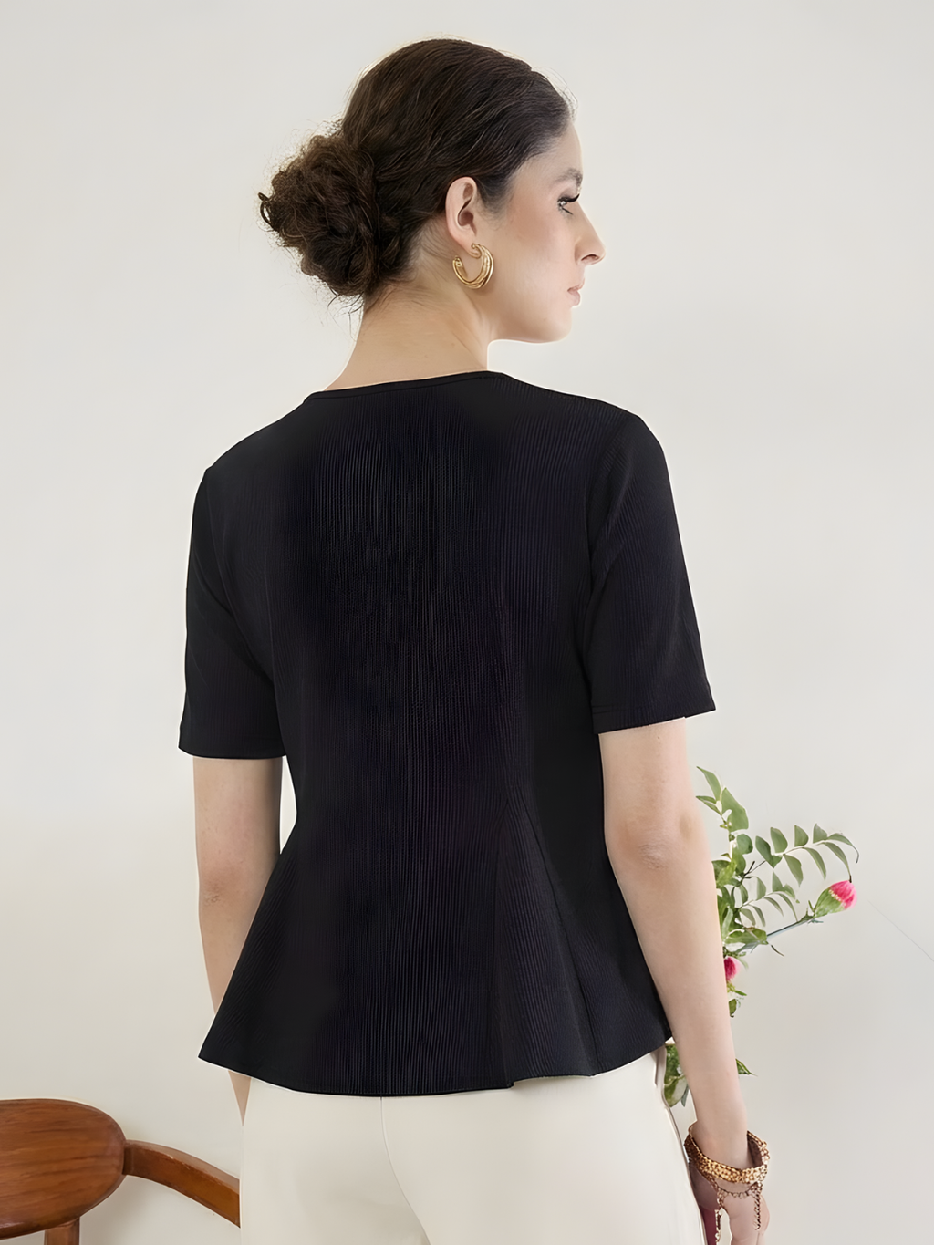 Stretchable Ribbed Flared Peplum Top