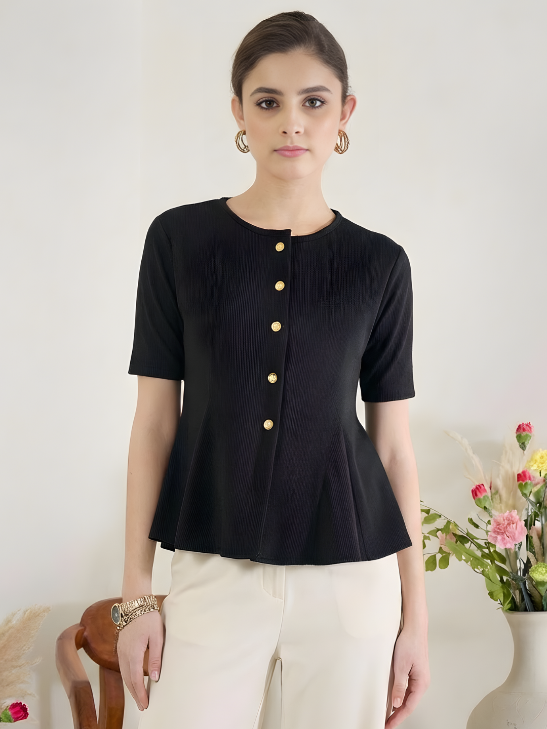 Stretchable Ribbed Flared Peplum Top - Pinkkup