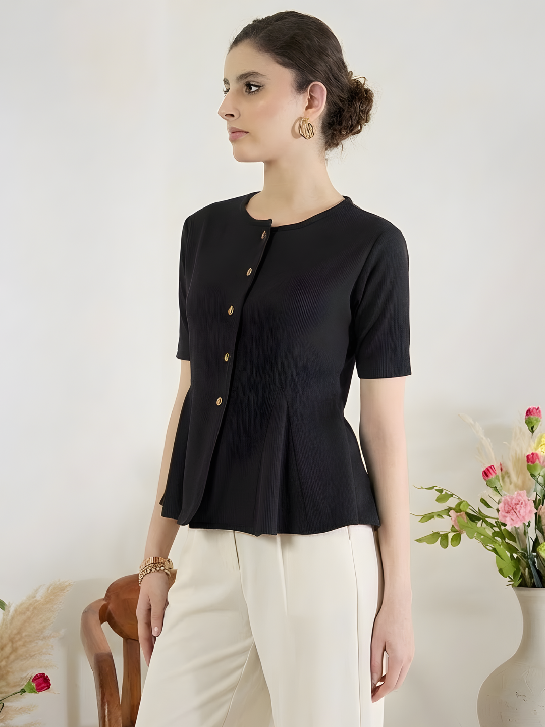 Stretchable Ribbed Flared Peplum Top