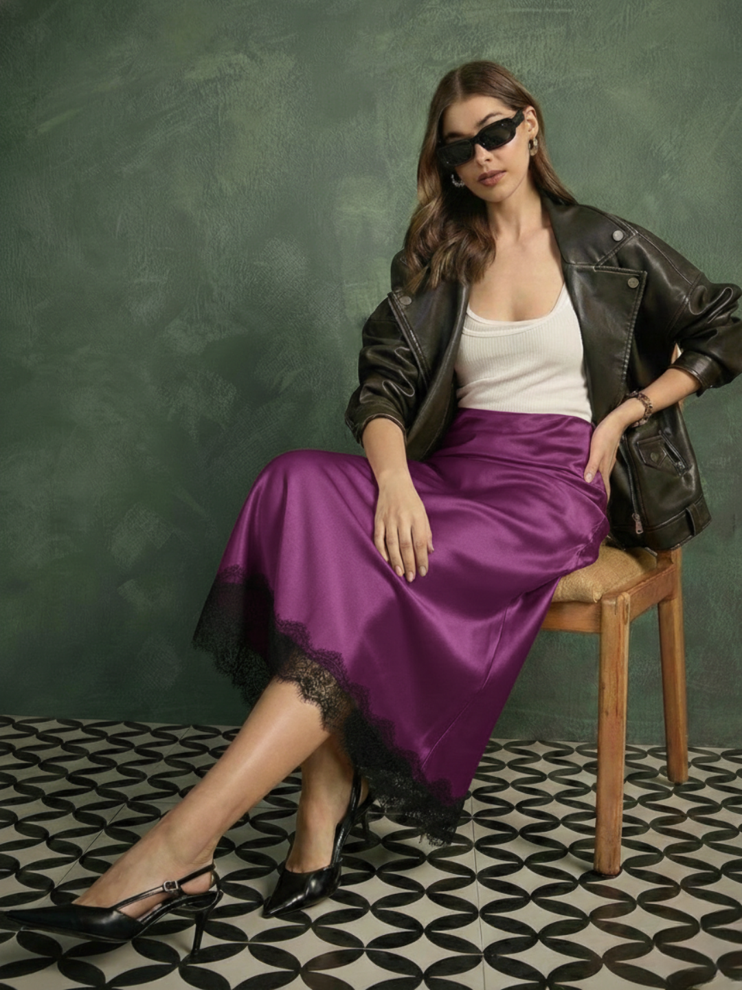 Lace Satin Midi Skirt