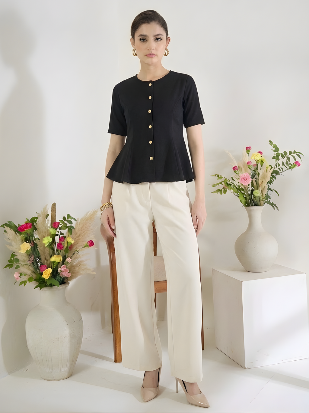 Stretchable Ribbed Flared Peplum Top