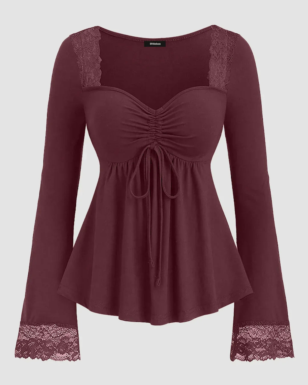 Loose Fit Long Sleeve Pleated Hem Casual Top in Maroon