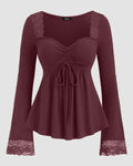 Loose Fit Long Sleeve Pleated Hem Casual Top in Maroon