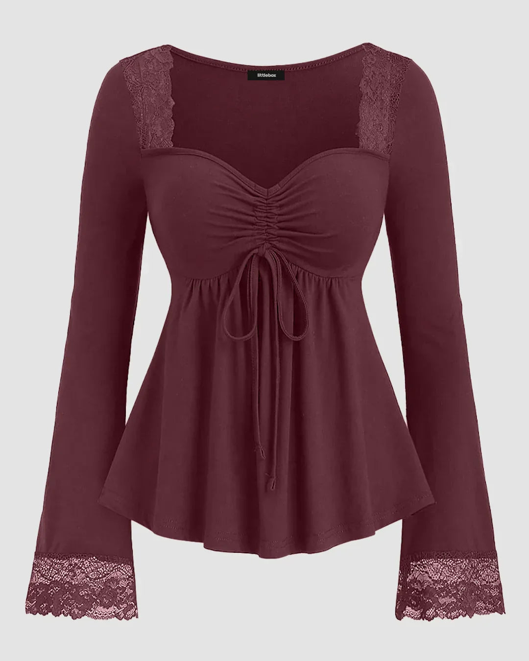 Loose Fit Long Sleeve Pleated Hem Casual Top in Maroon
