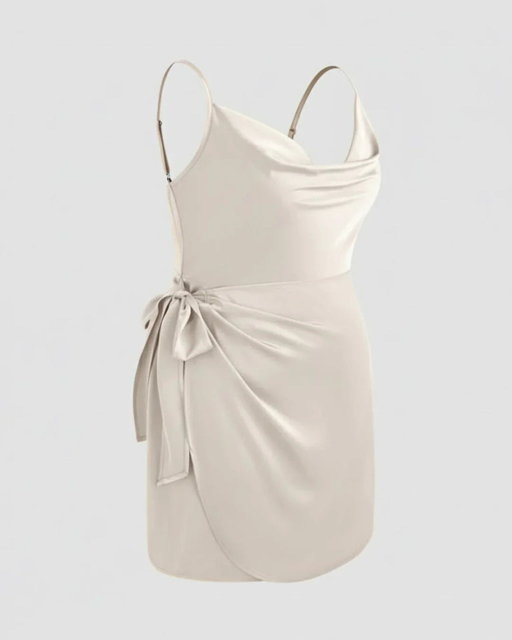Satin Cowl Neck Solid Knotted Zipper Mini Dress Curve & Plus