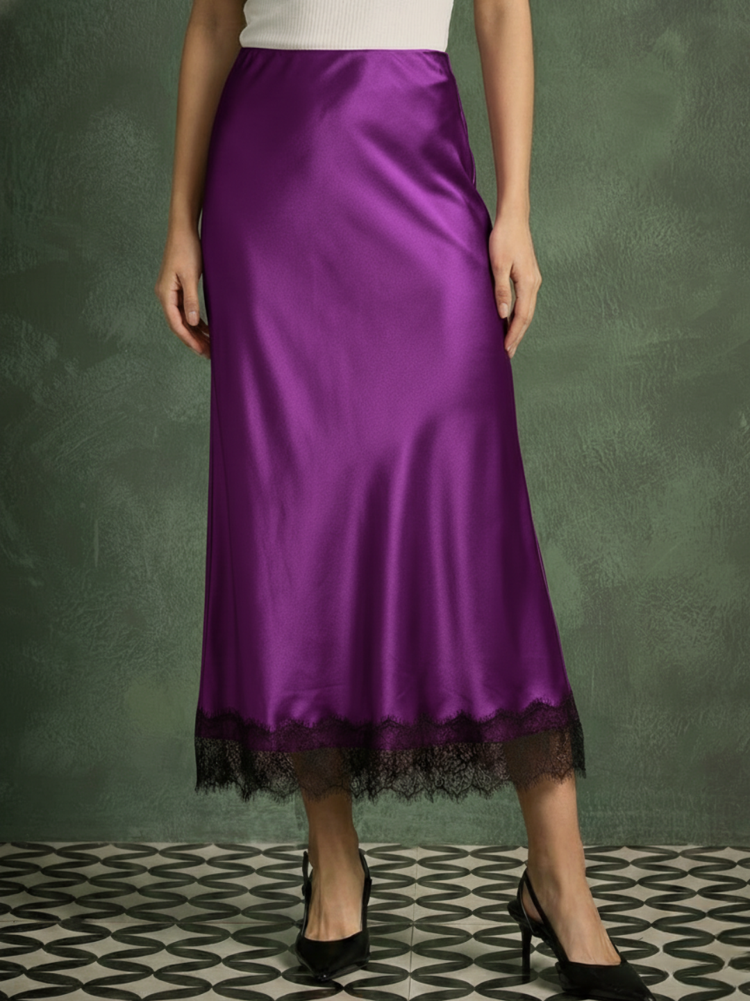 Lace Satin Midi Skirt