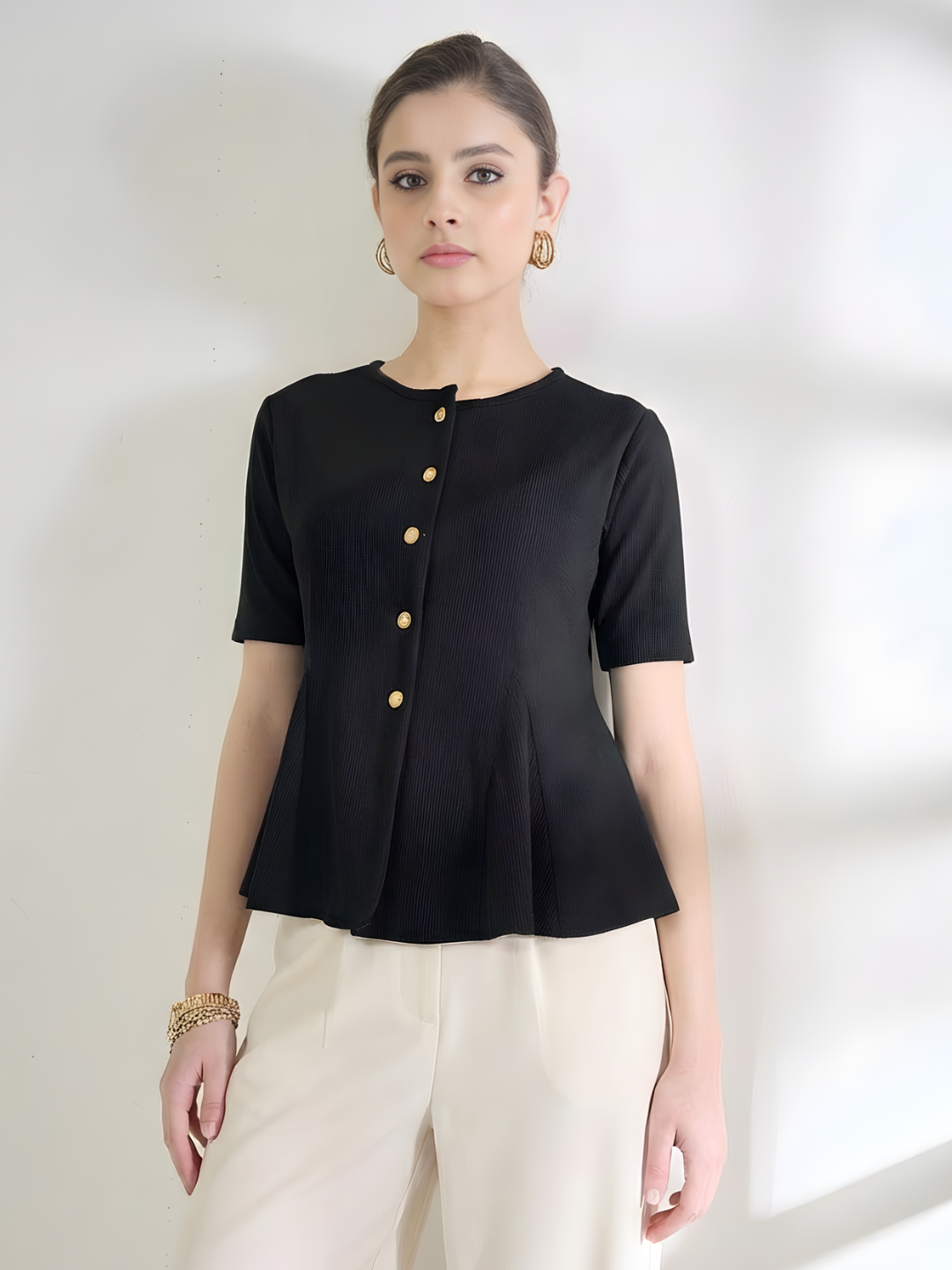 Stretchable Ribbed Flared Peplum Top