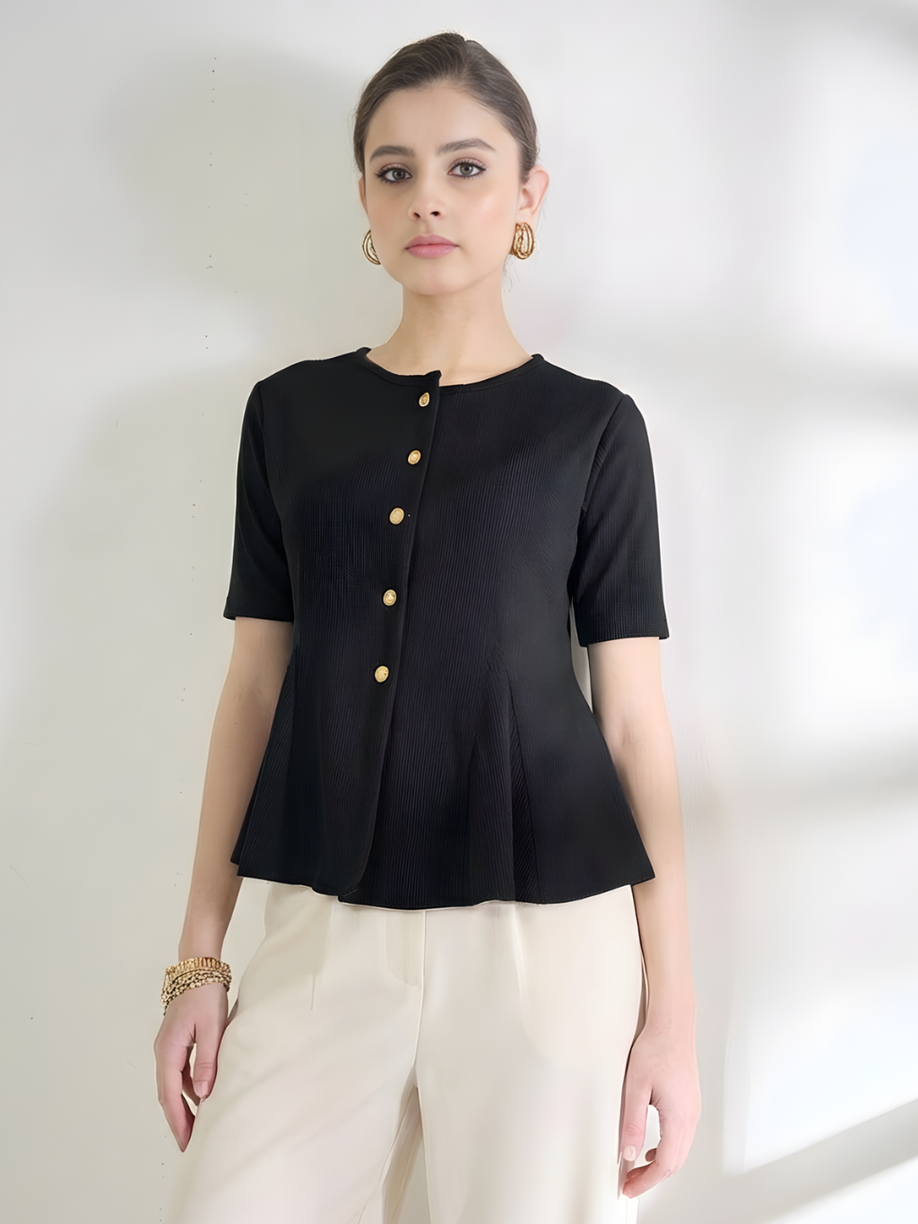 Stretchable Ribbed Flared Peplum Top
