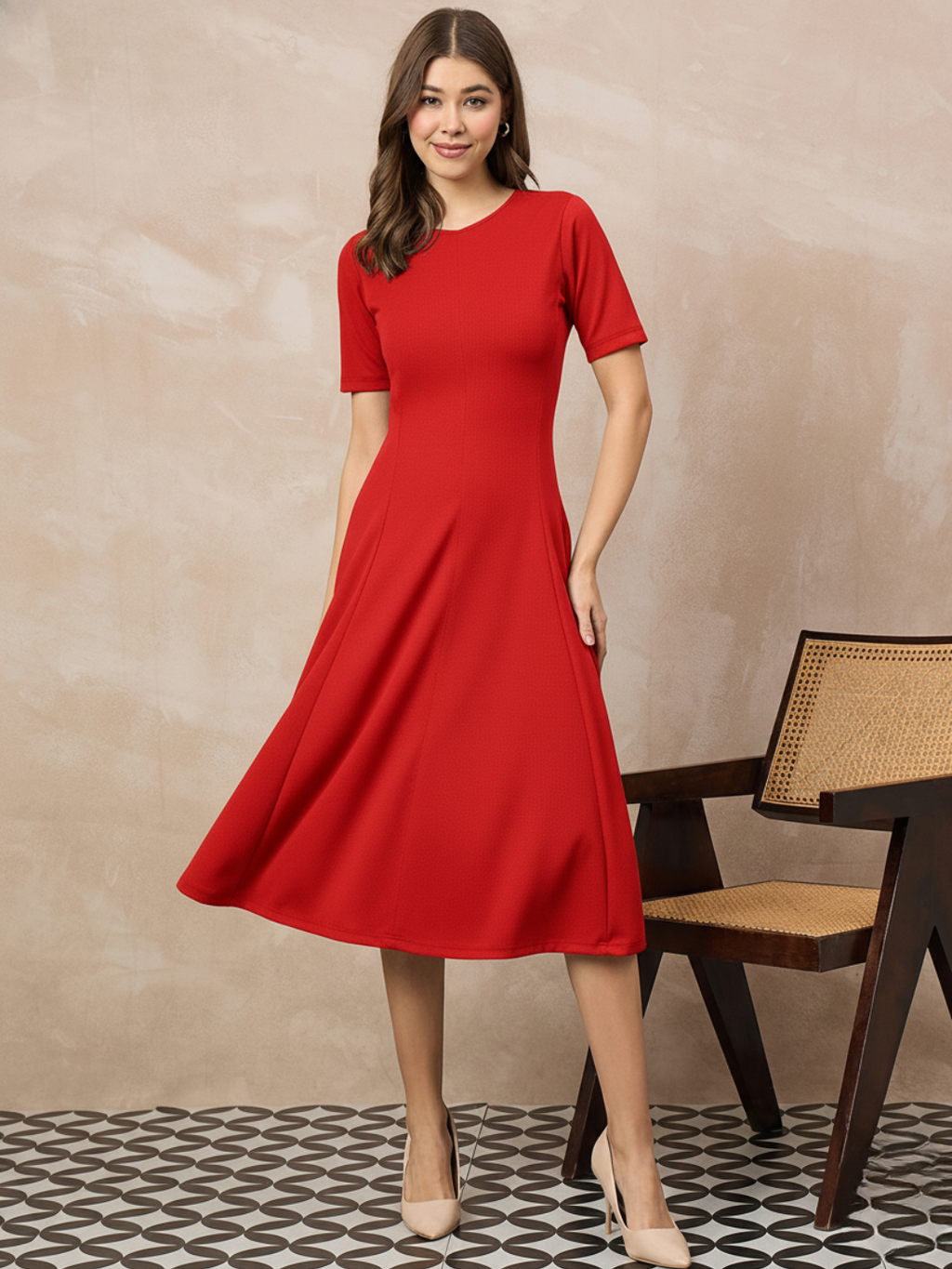 Stretchable Flared-Skirt Ribbed Dress - Pinkkup