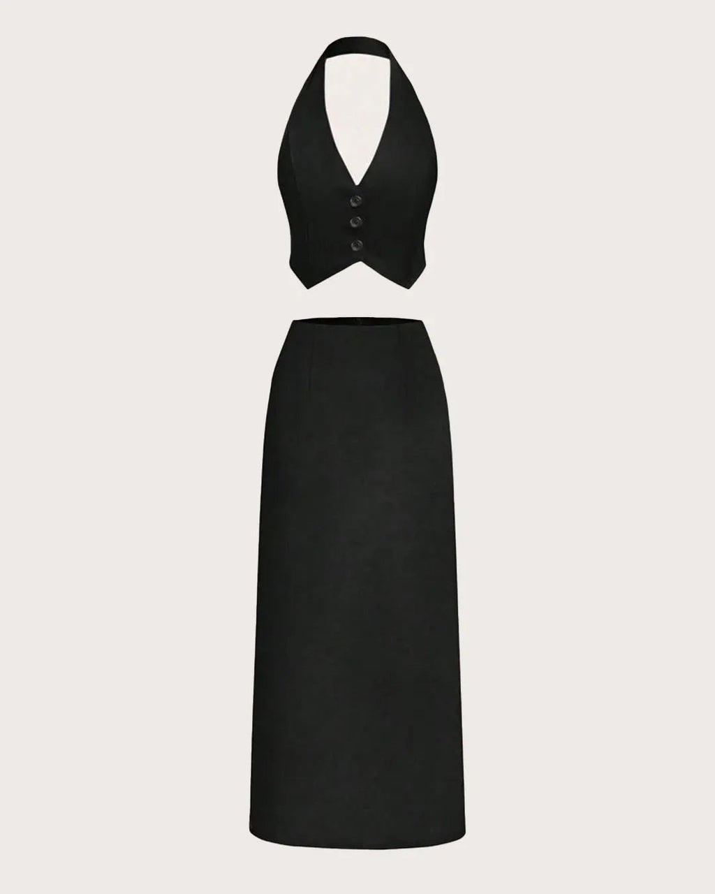 Solid Color Crop Hang Neck Vest & High Slit Straight Skirt