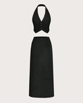 Solid Color Crop Hang Neck Vest & High Slit Straight Skirt