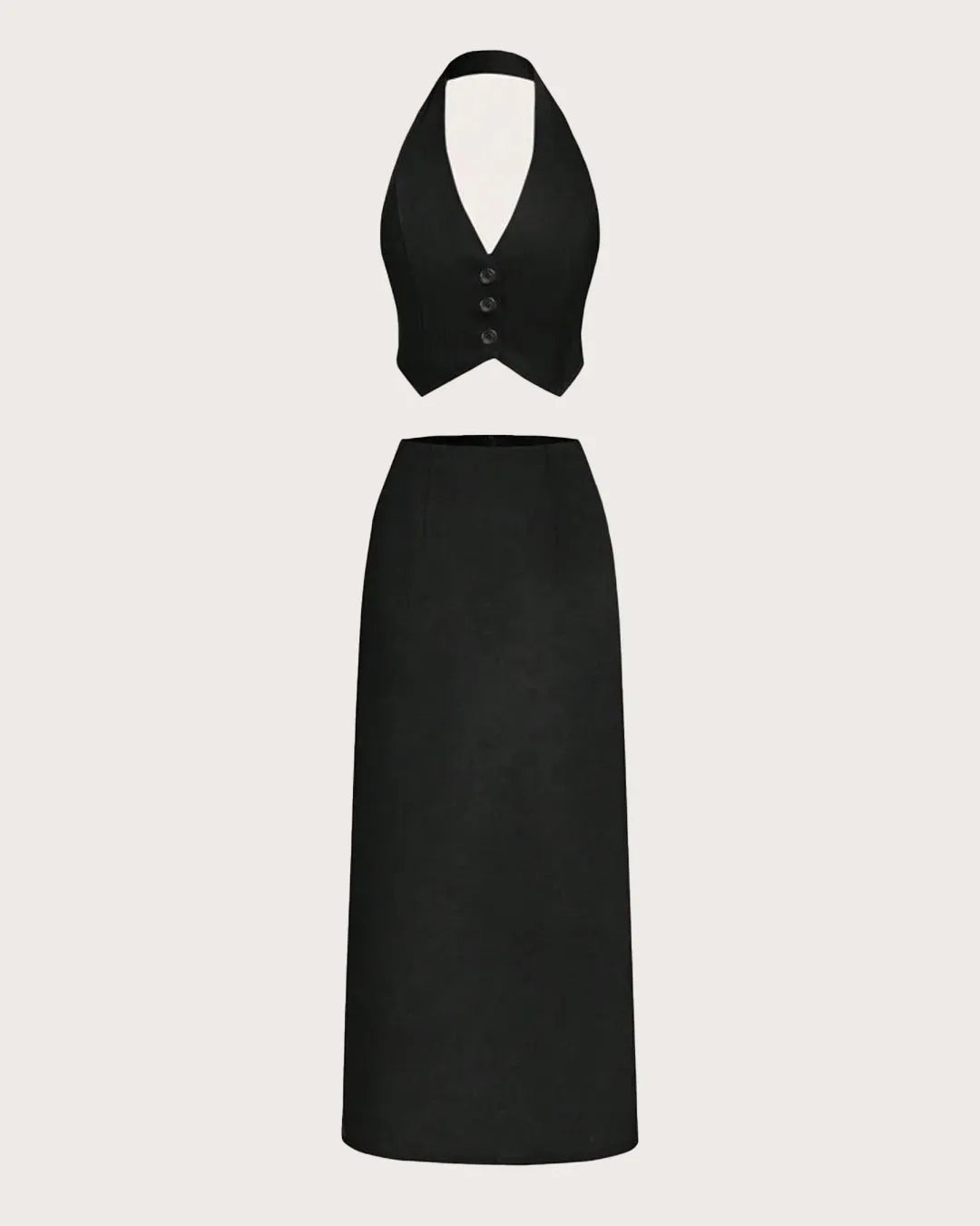 Solid Color Crop Hang Neck Vest & High Slit Straight Skirt