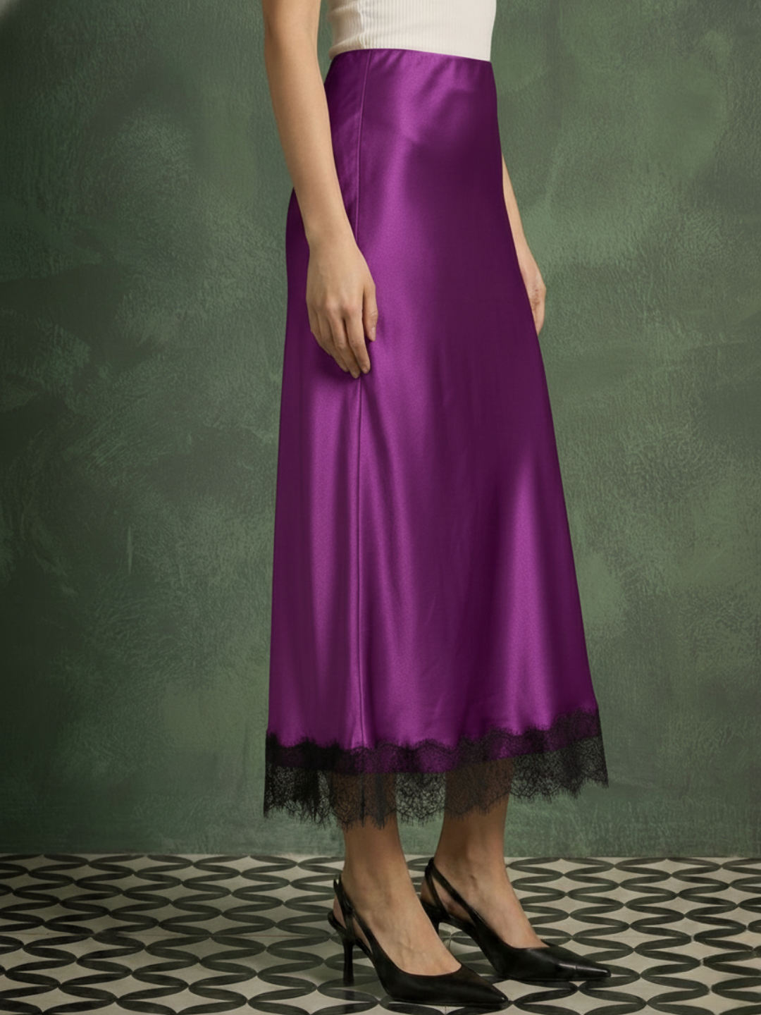 Lace Satin Midi Skirt