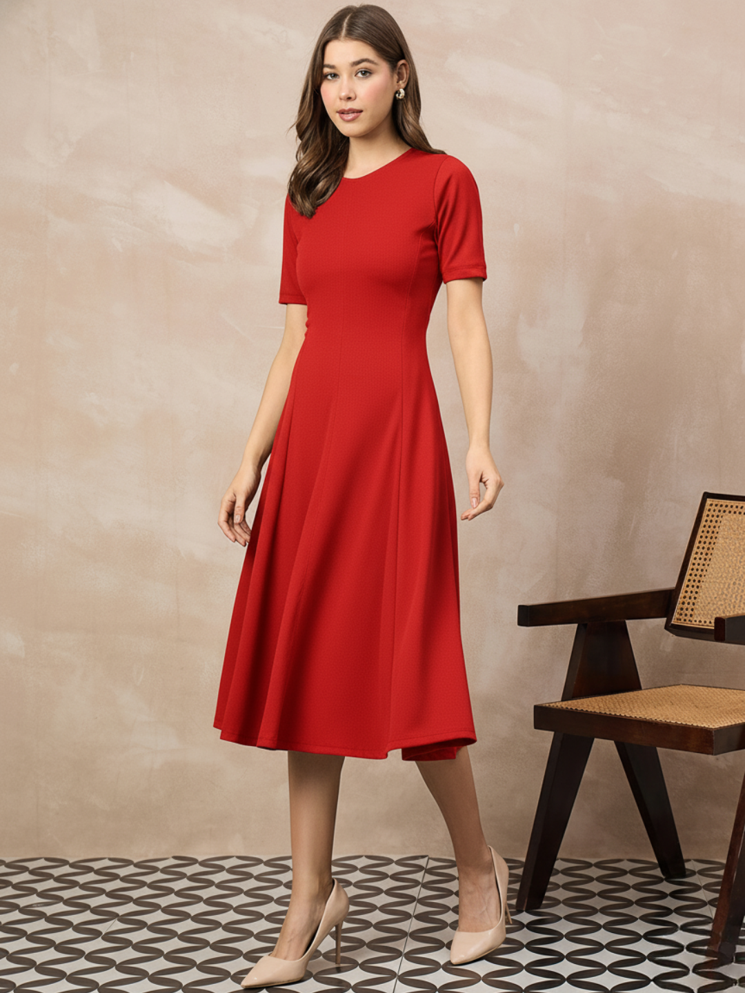 Stretchable Flared-Skirt Ribbed Dress