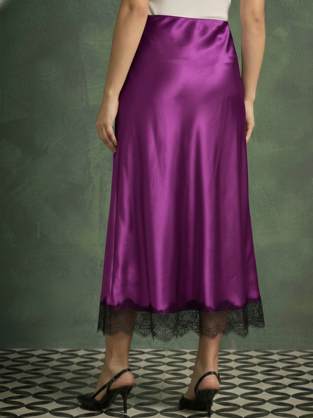 Lace Satin Midi Skirt