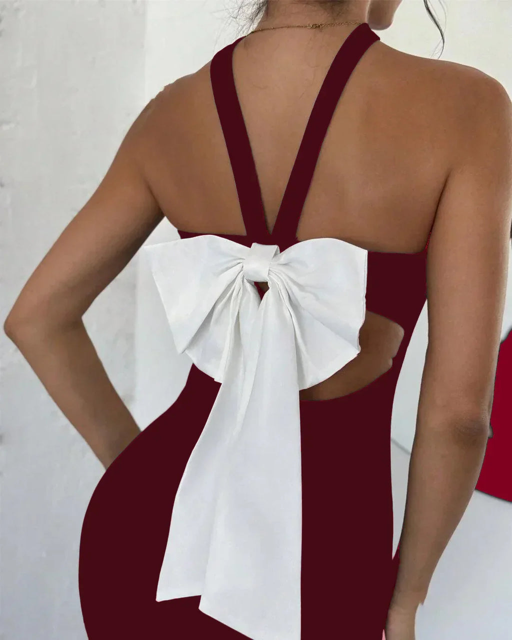 Slim Fit Backless Contrast Bow Tie Sexy Dress in Burgundy