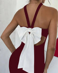 Slim Fit Backless Contrast Bow Tie Sexy Dress in Burgundy