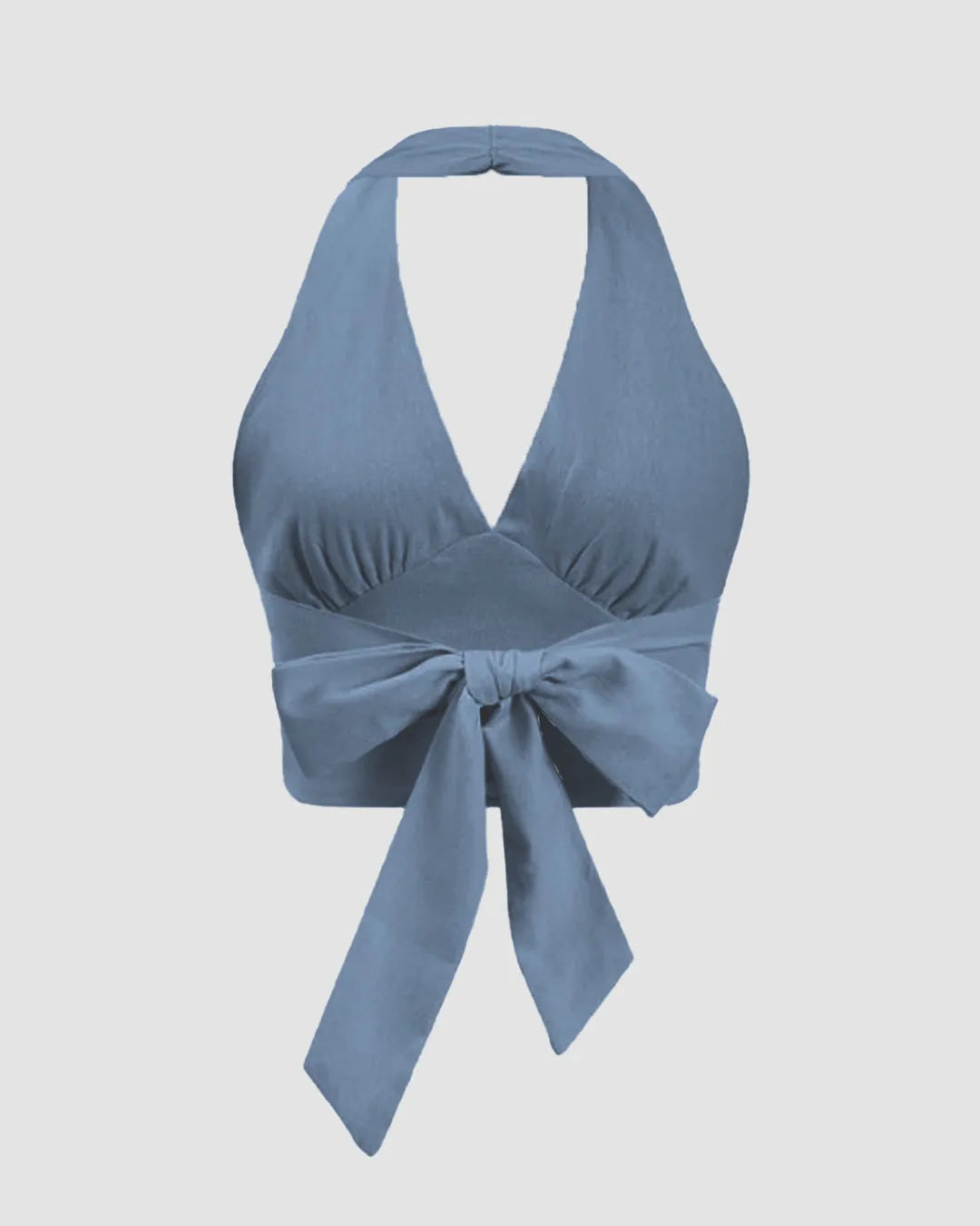 Solid Color Ruched Halter Neck Tie-Back Crop Top In French Blue