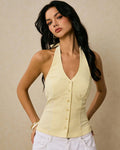 Yellow Striped Halter Neck Backless Button Front Top