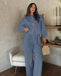 Long Sleeve Button Top & Wide-Leg Trousers Matching Set in French Blue