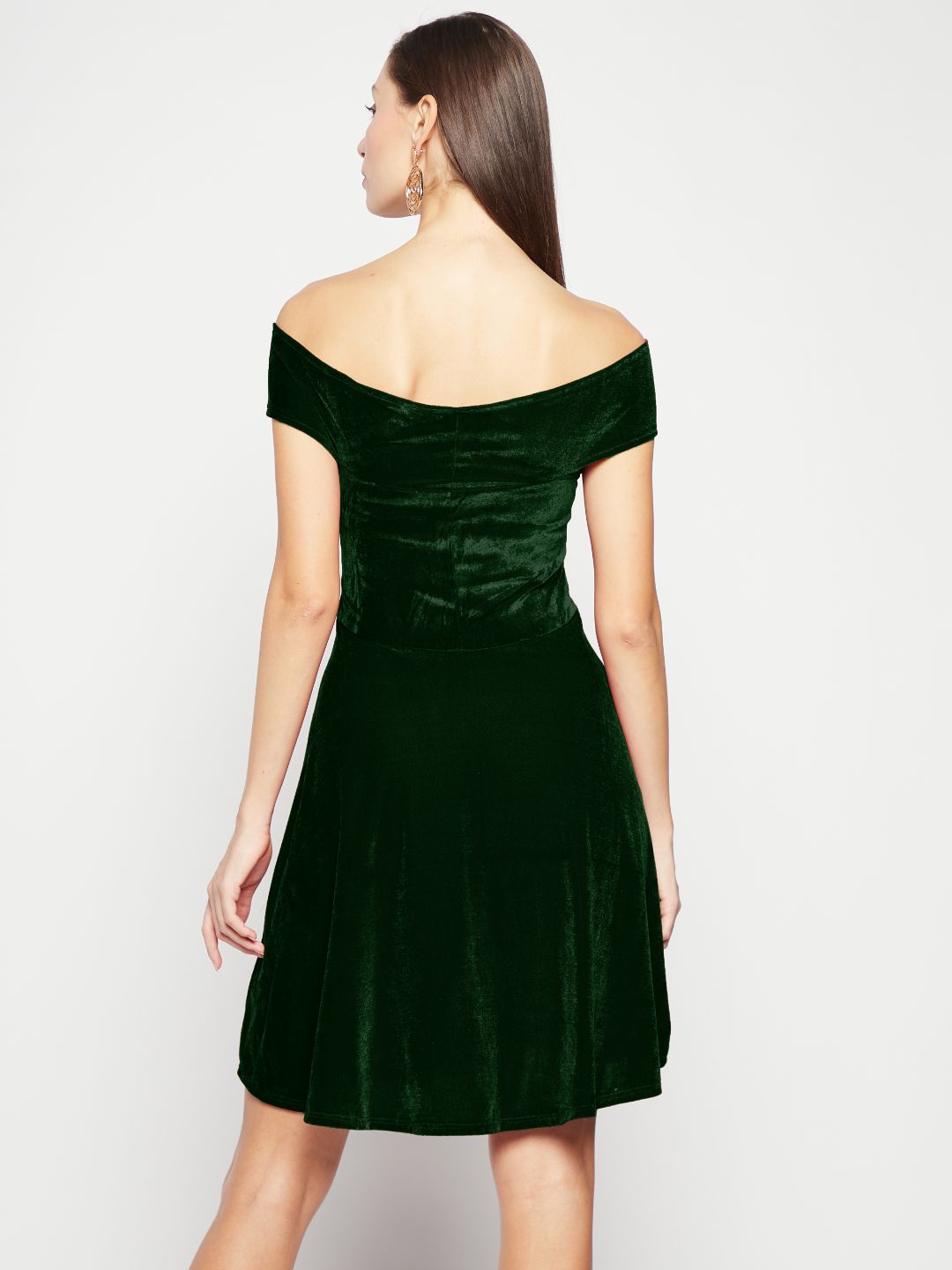 Off Shoulder Stretchable Velvet Skater Dress