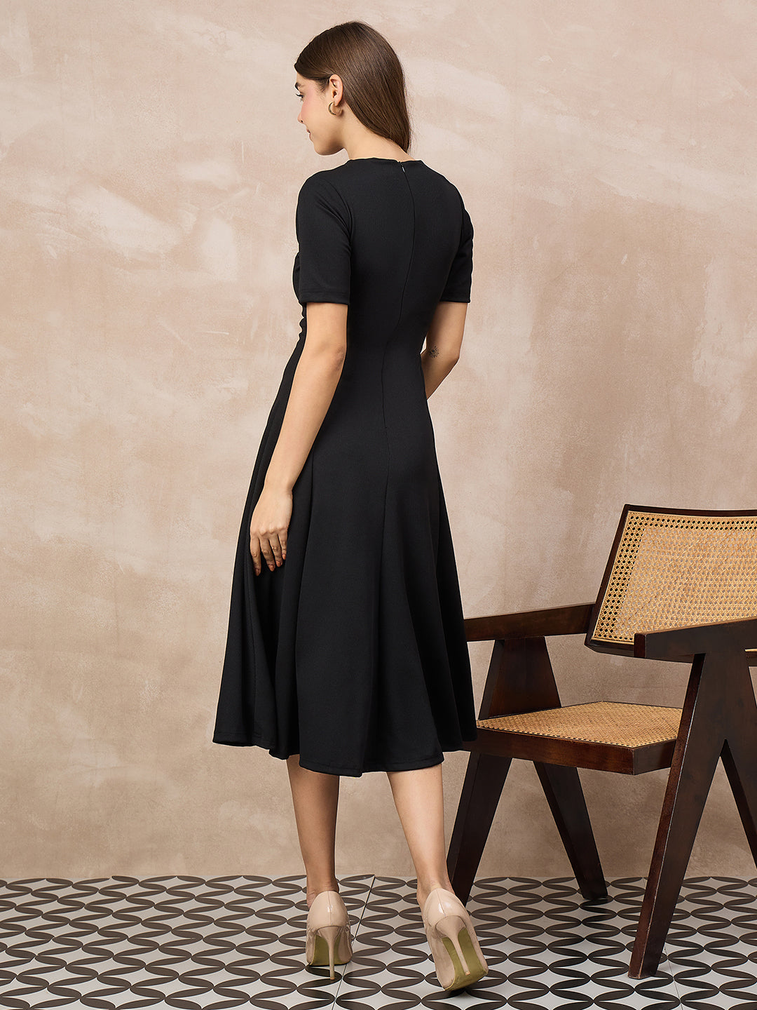Stretchable Flared-Skirt Ribbed Dress
