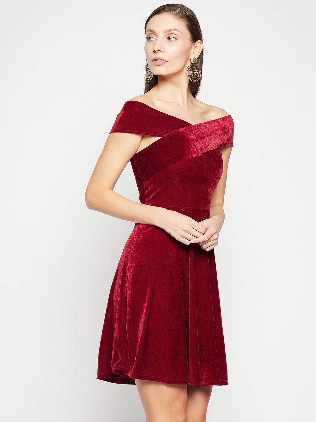 Off Shoulder Stretchable Velvet Skater Dress