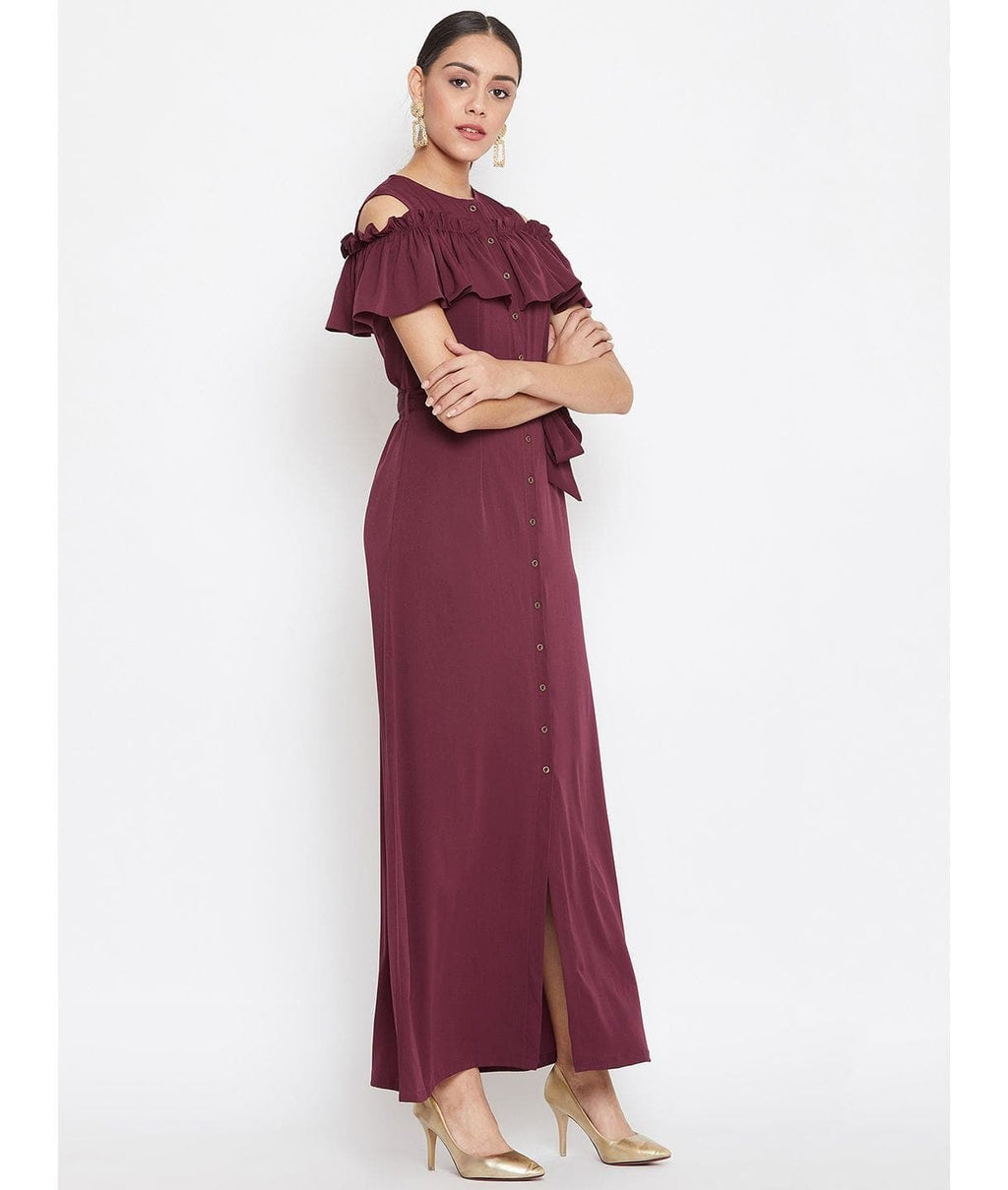 Ruffled Buttoned Cold Shoulder Maxi Dress