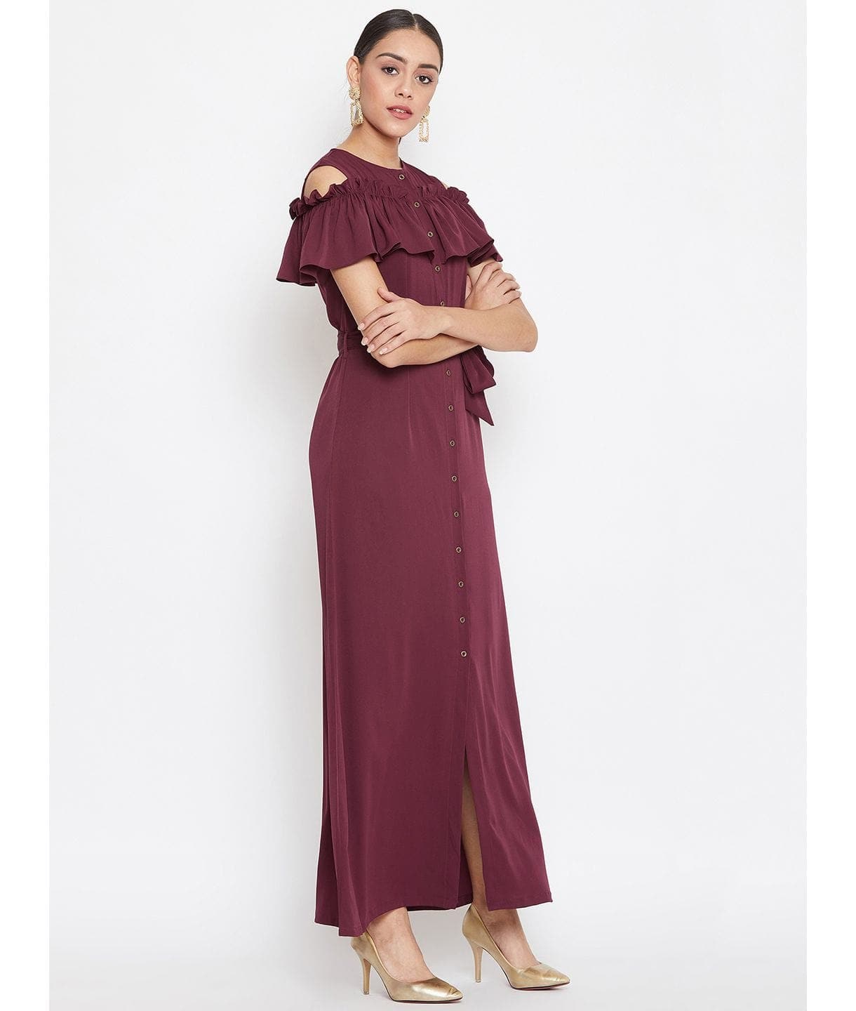 Ruffled Buttoned Cold Shoulder Maxi Dress