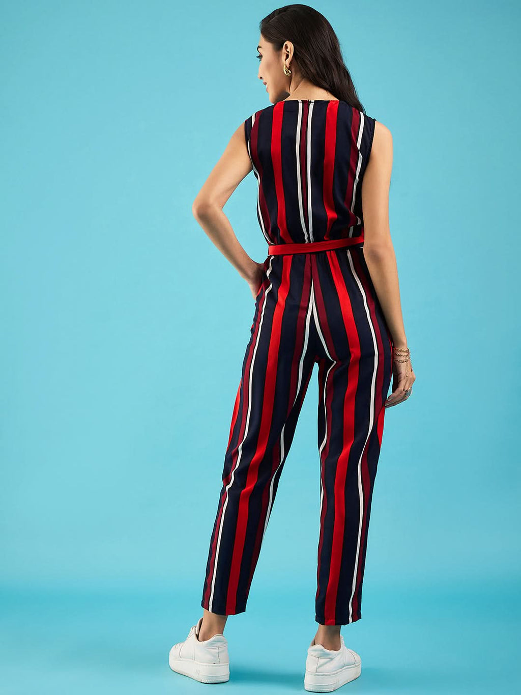 Striped Keyhole Jumpsuit with Belt