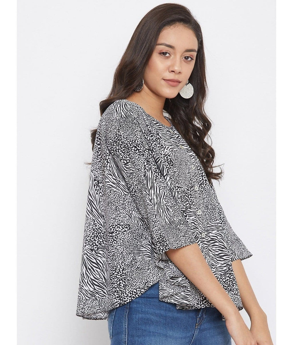 Printed Buttoned Crepe Cape Top