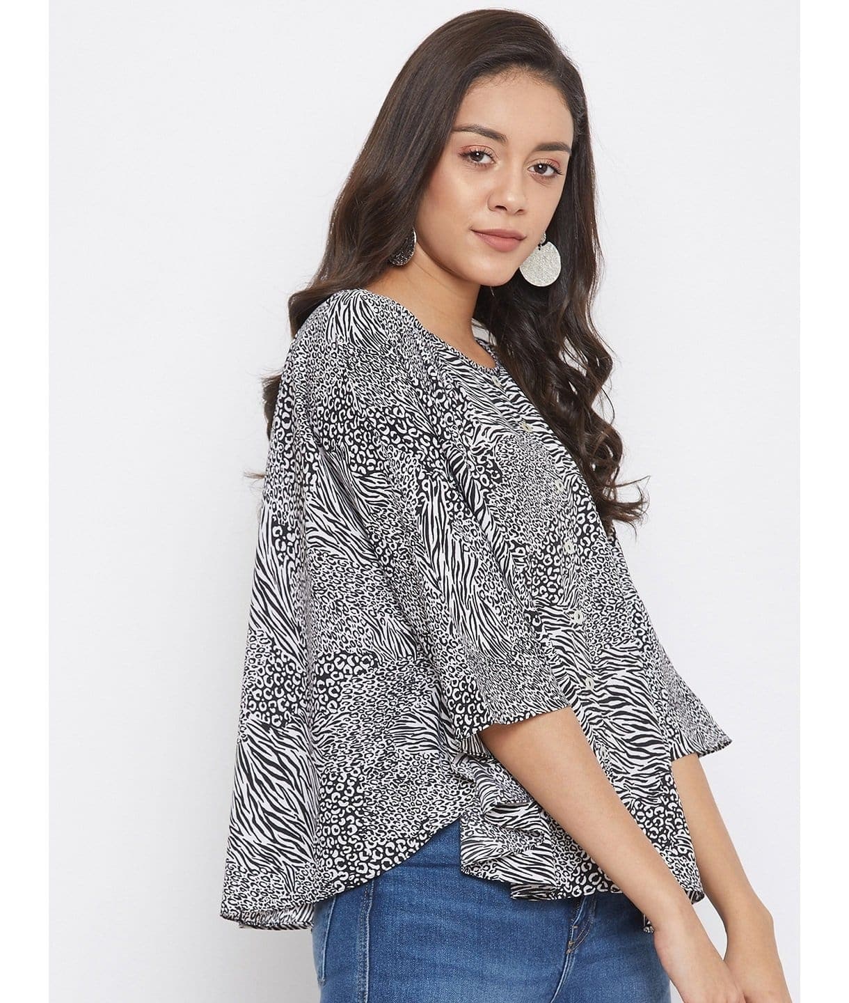Printed Buttoned Crepe Cape Top