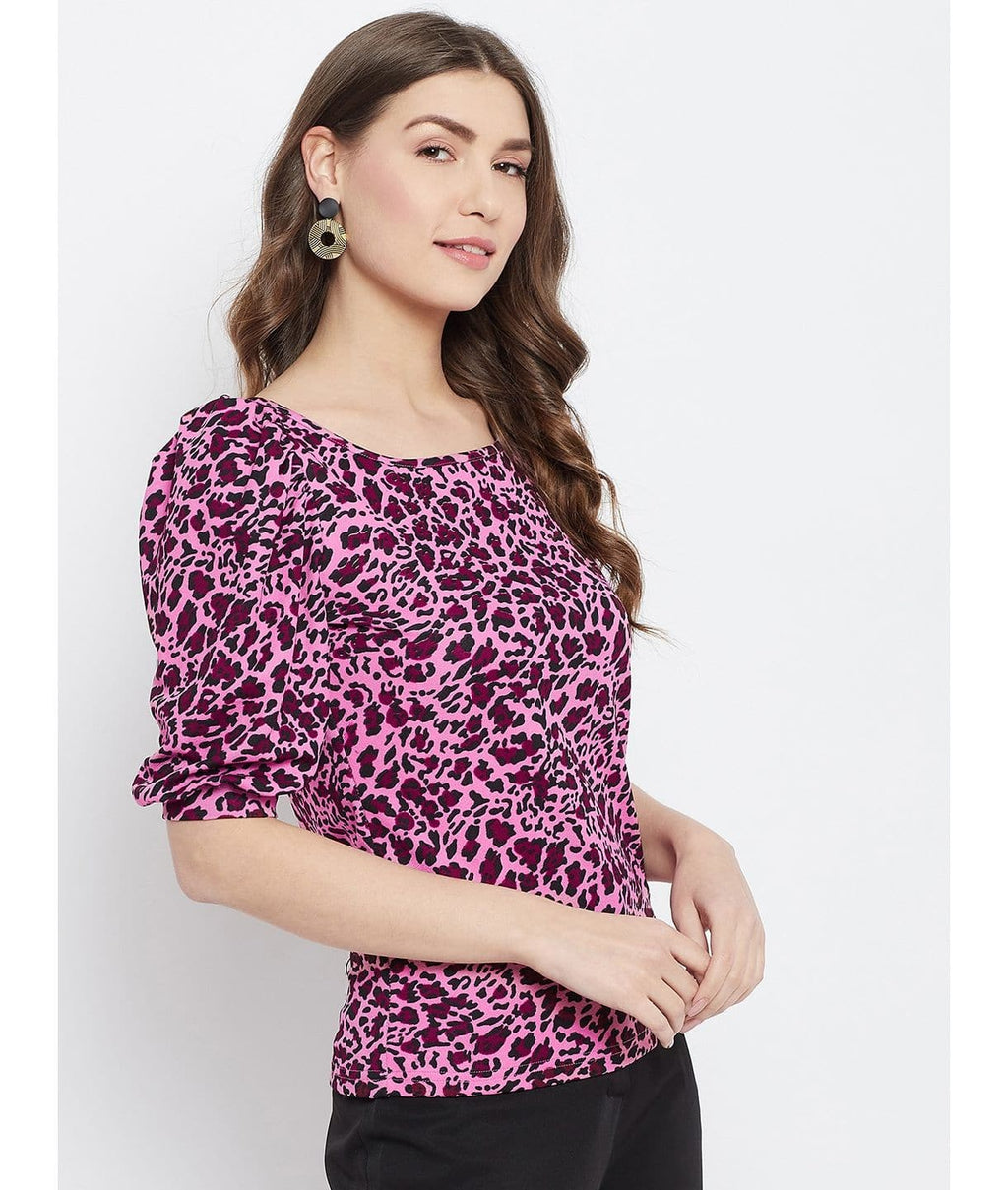 Cotton Animal Printed Stretchable Puff Sleeve Top