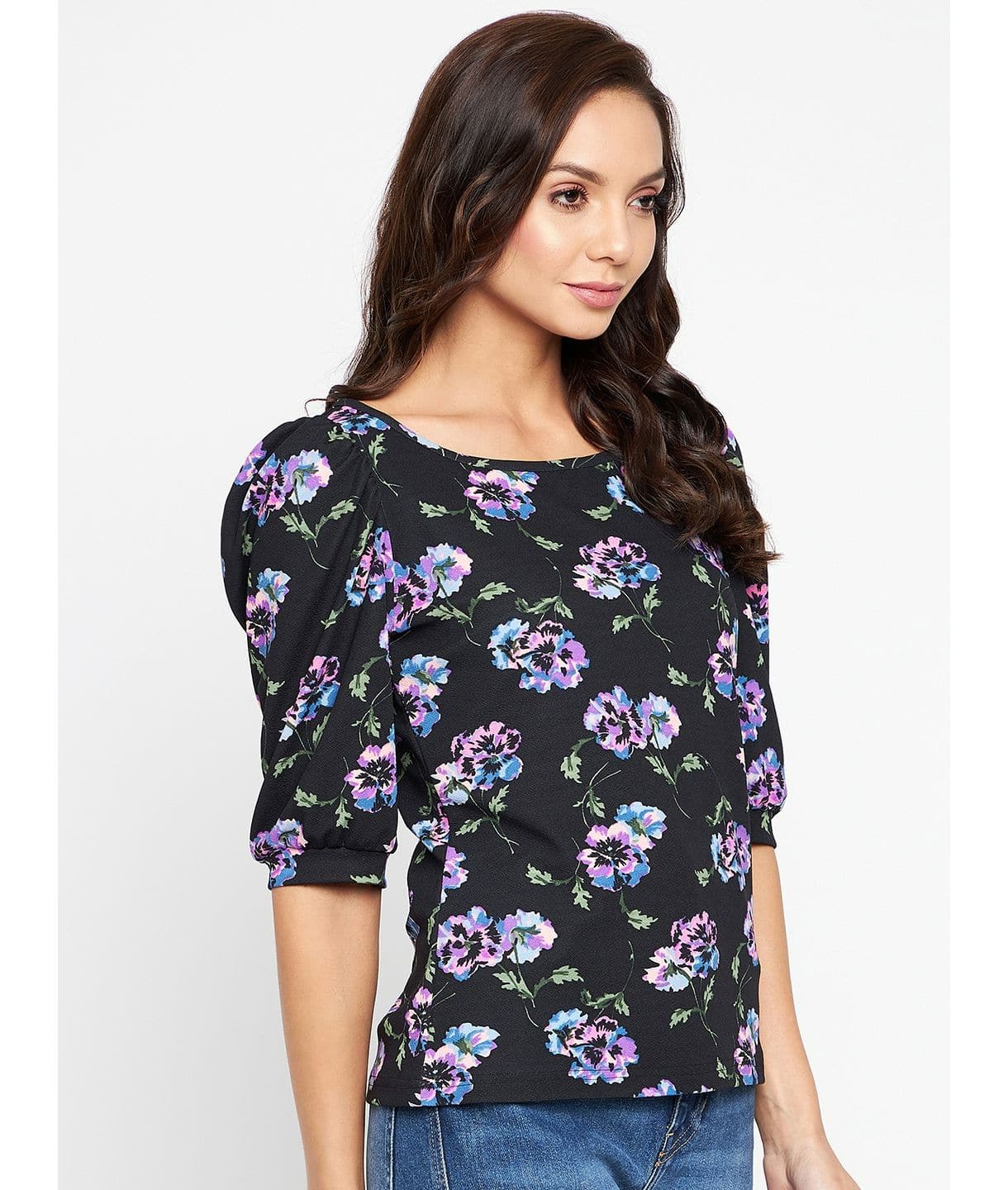 Cotton Floral Printed Stretchable Puff Sleeve Top