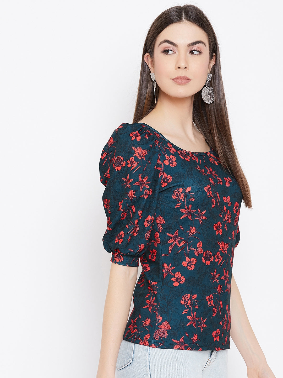 Cotton Floral Stretchable Puff Sleeve Top