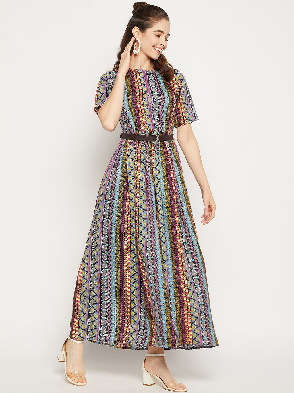 Printed Maxi Dress with Belt