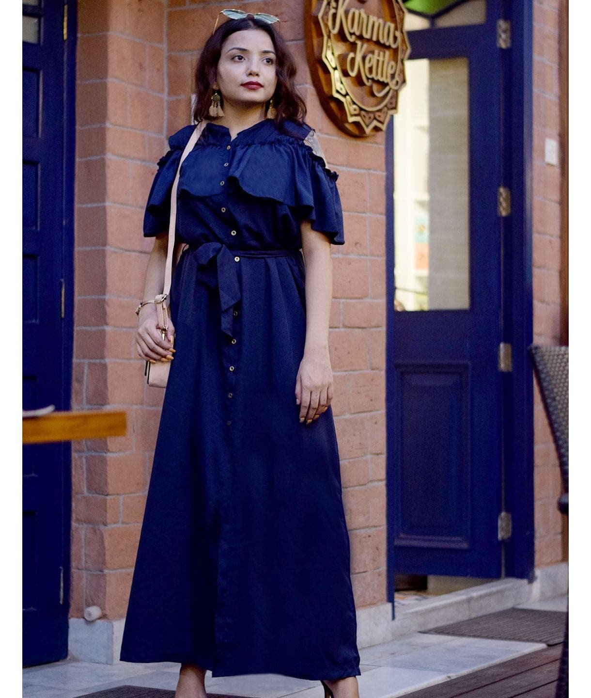 Ruffled Buttoned Cold Shoulder Maxi Dress - Pinkkup