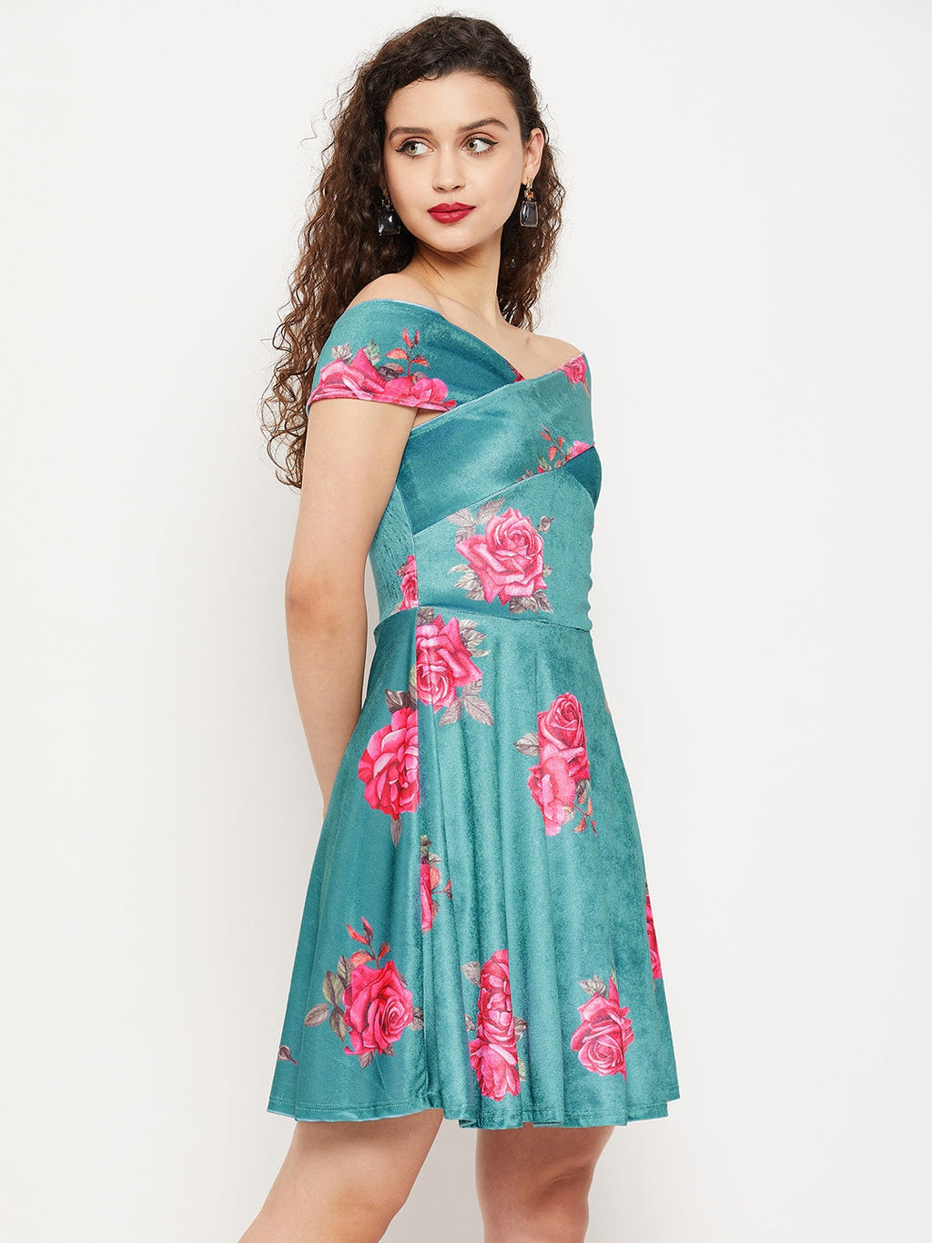 Off Shoulder Stretchable Velvet Skater Dress