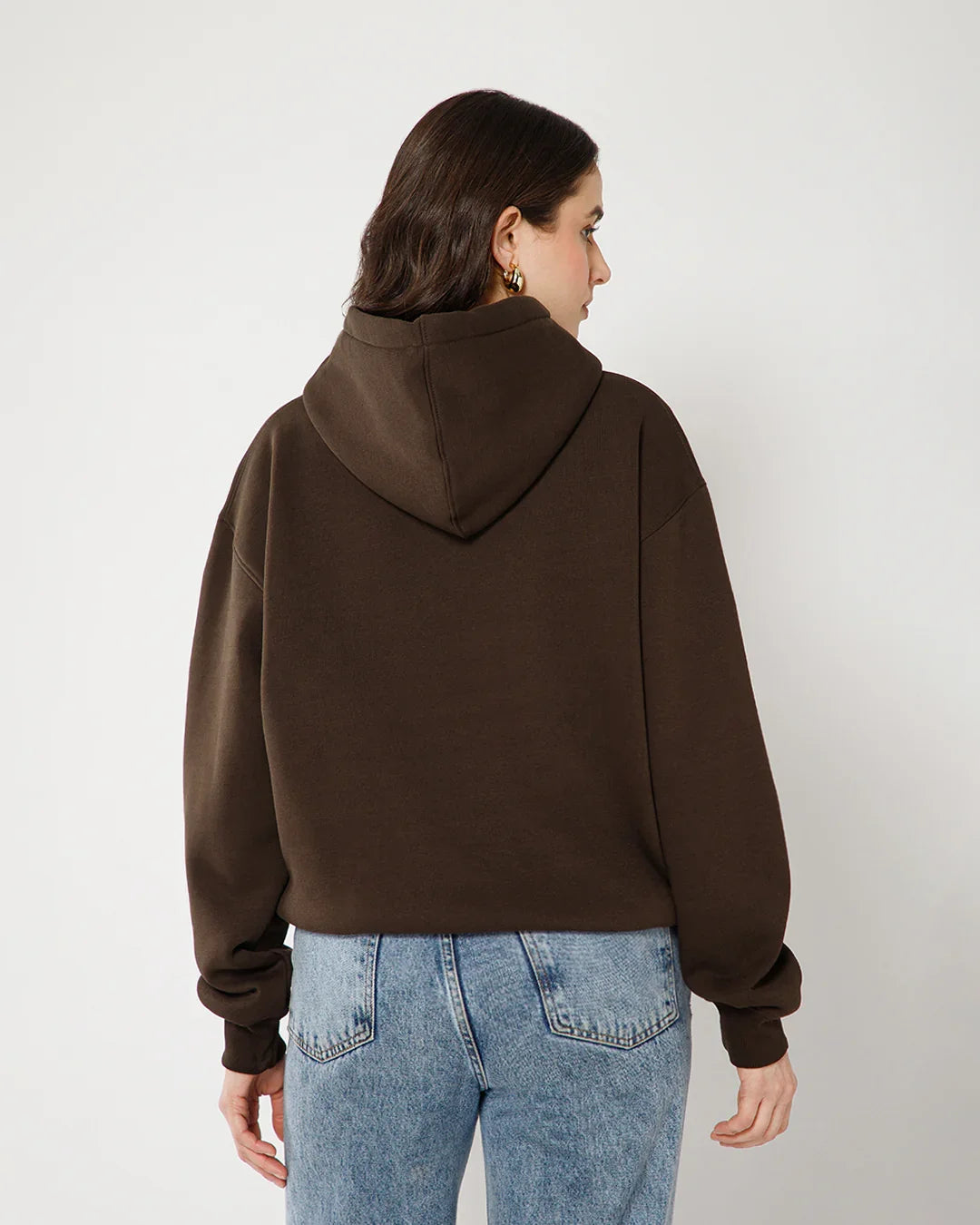 Womens Solid Drawstring Full Sleeve Hoodie in Coffee