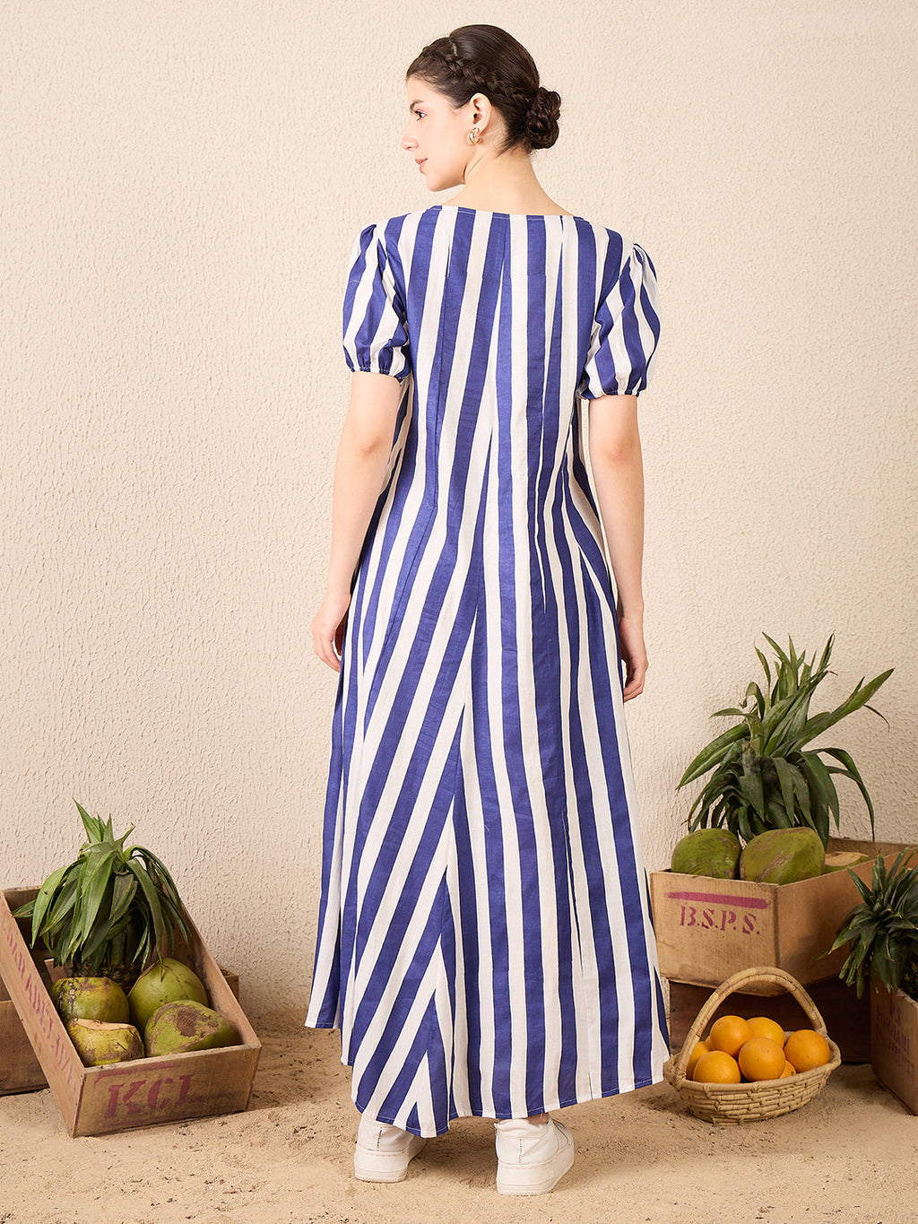 Puff Sleeve A-Line Pure Cotton Maxi Dress