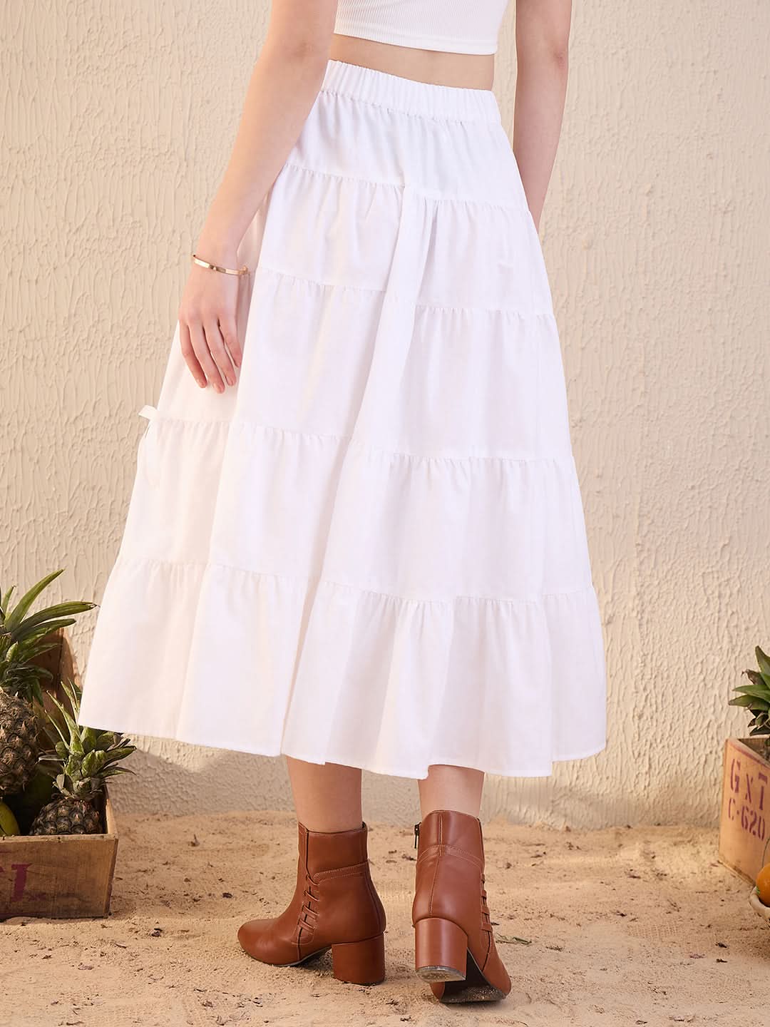 Cotton Tiered Bow Midi Skirt