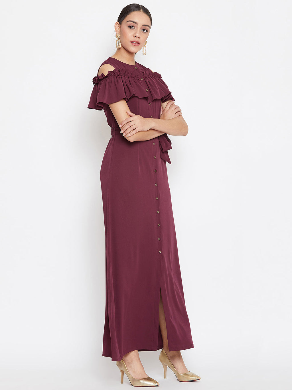 Ruffled Buttoned Cold Shoulder Maxi Dress