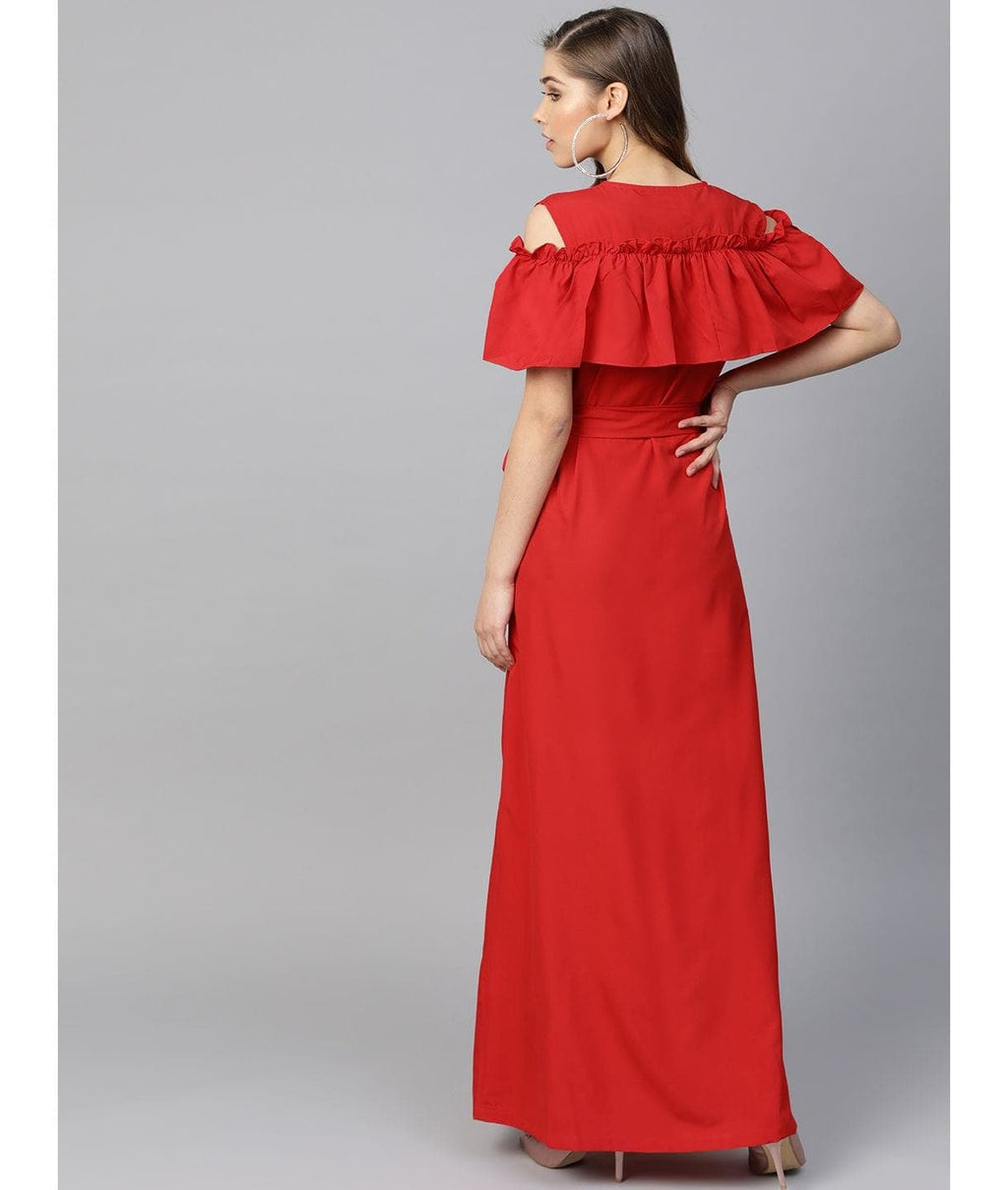 Ruffled Buttoned Cold Shoulder Maxi Dress